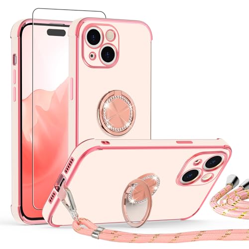 ScandiCasis Handykette Hülle für iPhone 13 Mini mit Band und Schutzfolie, Stoßfeste, Love Design Galvanik Silikon Case Bumper mit Kordel und Ring Ständer für iPhone 13 Mini,Rosa von ScandiCasis