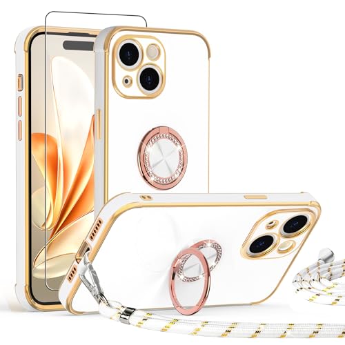 ScandiCasis Handykette Hülle für iPhone 13 Mini mit Band und Schutzfolie, Stoßfeste, Love Design Galvanik Silikon Case Bumper mit Kordel und Ring Ständer für iPhone 13 Mini,Weiß von ScandiCasis