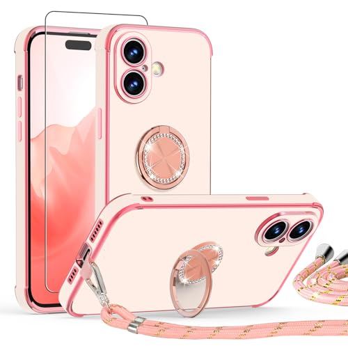 ScandiCasis Handykette Hülle für iPhone 16 Plus mit Band und Schutzfolie, Stoßfeste, Love Design Galvanik Silikon Case Bumper mit Kordel und Ring Ständer für iPhone 16 Plus, Rosa von ScandiCasis