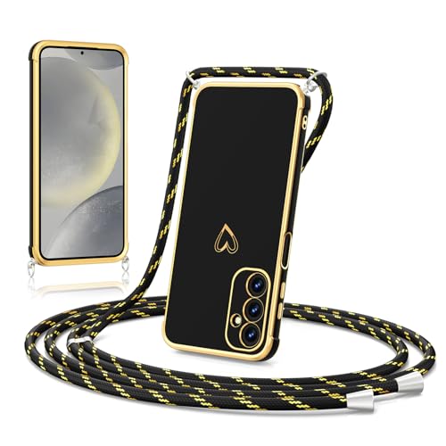 ScandiCasis Handykette Hülle mit Band für Samsung Galaxy A15, Herz Muster Soft TPU Silikon Handyhülle Stoßfest Schutzhülle Protective Phone Case für Mädchen Frauen, Schwarz von ScandiCasis