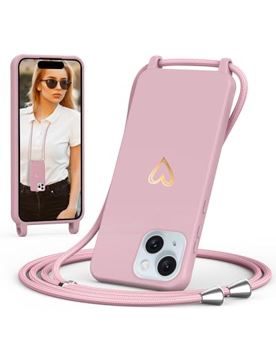 ScandiCasis Handykette für iPhone 14 Plus mit Band, Handyhülle mit Schnur zum Umhängen, Weiche TPU Silikonhülle mit Band [Verstellbar] [Abnehmbar], Love Design Halskettenhülle, Rosa von ScandiCasis