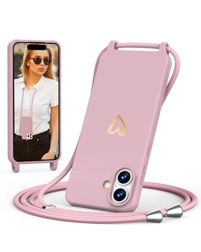 ScandiCasis Handykette für iPhone 16 Plus mit Band, Handyhülle mit Schnur zum Umhängen, Weiche TPU Silikonhülle mit Band [Verstellbar] [Abnehmbar], Love Design Halskettenhülle, Rosa von ScandiCasis