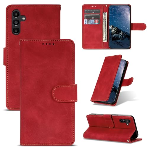 ScandiCasis Klapphülle für Samsung Galaxy A15, Elegantes Leder Flip Case Handyhülle：mit 1 Schutzfolie [3*Kartenfach] [PremiumPU Leder][Standfunktion][Magnet Klappbar & Flip Wallet],Stoßfest, Rot von ScandiCasis