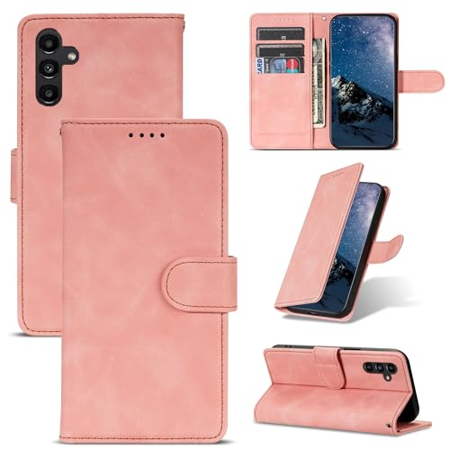 ScandiCasis Klapphülle für Samsung Galaxy A55, Elegantes Leder Flip Case Handyhülle：mit 1 Schutzfolie [3*Kartenfach] [PremiumPU Leder][Standfunktion][Magnet Klappbar & Flip Wallet],Stoßfest, Rosa von ScandiCasis