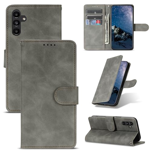 ScandiCasis Klapphülle für Samsung Galaxy S24, Elegantes Leder Flip Case Handyhülle：mit 1 Schutzfolie [3*Kartenfach] [PremiumPU Leder][Standfunktion][Magnet Klappbar & Flip Wallet],Stoßfest, Grau von ScandiCasis