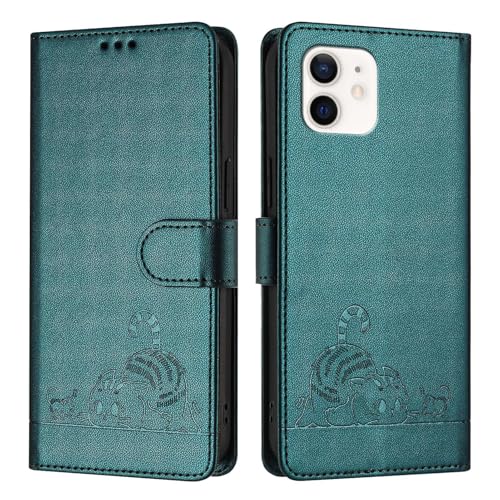 ScandiCasis für iPhone 12 Mini Klapphülle, Katzenmuster Lederhülle mit [3*Kartenfach] [1*Wallet] [RFID] [Handschlaufe] [Standfunktion], Magnet Klappbar Stoßfeste Handyhülle, Peacock Green von ScandiCasis