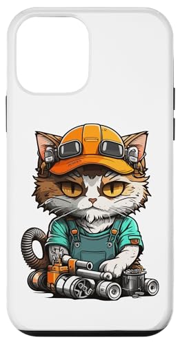 Hülle für iPhone 12 mini Manga Mechanic Cat - Reparierspaß mit katzenhaftem Flair von Scharfelanke Berlin