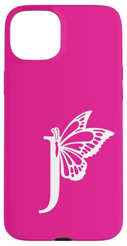 Buchstabe J Namensinitial Schmetterling Alphabet Weiß Rosa Hülle für iPhone 15 Plus von Schmetterlingsmonogramm für Frauen und Mädchen