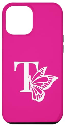 Buchstabe T Namensinitial Schmetterling Alphabet Weiß Rosa Hülle für iPhone 12 Pro Max von Schmetterlingsmonogramm für Frauen und Mädchen