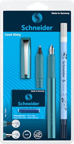 Schneider 74864 Ceod Shiny Schreibset mit Füller, Tintenroller, Tintenkiller (Rechts- und Linkshänder, M-Feder, inkl. Tintenpatronen königsblau) teal von Schneider