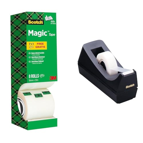 Scotch Magic Tape - Vorteilspack 8 Rollen, 19 mm x 33 m & C38 Schreibtisch Klebebandabroller, schwarz von Scotch