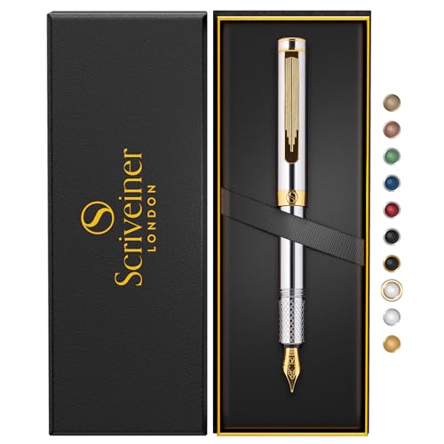 Scriveiner Luxus EDC Füllfederhalter (Fein), schwerer Taschenfüller mit 24K Gold, vergoldete Schmidt Feder 18K, Konverter, Schreibgeräte-Geschenkset für Mann & Frau, schicker Designer Stift von Scriveiner