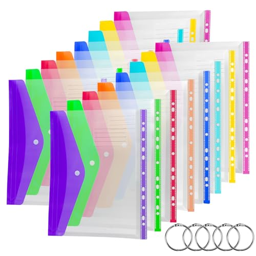 SdreMelo16 Stück Dokumententasche A4 Erweiterbare Dokumenten A4 mit Binder Löchern & Etikettentasche A4-Ordner 8 Farben Dreidimensionale A4 Dokumentenmappe zum Abheften mit 5 Binderingen von SdreMelo