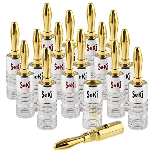 SeKi 16x Bananenstecker 24K vergoldet für Lautsprecherkabel bis 6mm² mit Farbcodierung (rot & schwarz) für den Anschluss des Kabels an HiFi Anlagen, Endstufen, AV-Receiver, Verstärker, Stereoanlagen von SeKi