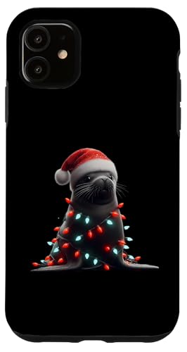 Hülle für iPhone 11 Siegel mit Weihnachtsmannmütze und Weihnachtsbeleuchtung, Weihnachtsdekoration von Seal With Santa Hat And Christmas Lights Products