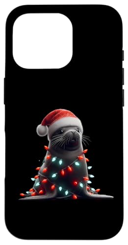 Hülle für iPhone 16 Pro Siegel mit Weihnachtsmannmütze und Weihnachtsbeleuchtung, Weihnachtsdekoration von Seal With Santa Hat And Christmas Lights Products