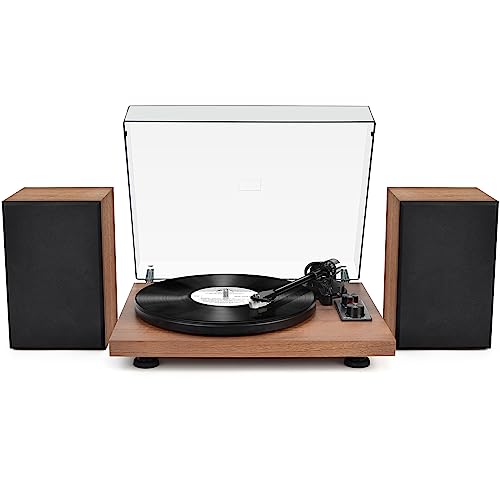 Plattenspieler mit Bluetooth Ausgang Eingang, HiFi Schallplattenspieler Vinyl Retro mit Externen Bücherregal Lautsprechern, Eingebautem Phono-Vorverstärker 33/45 U/min Magnetpatrone von SeeYing