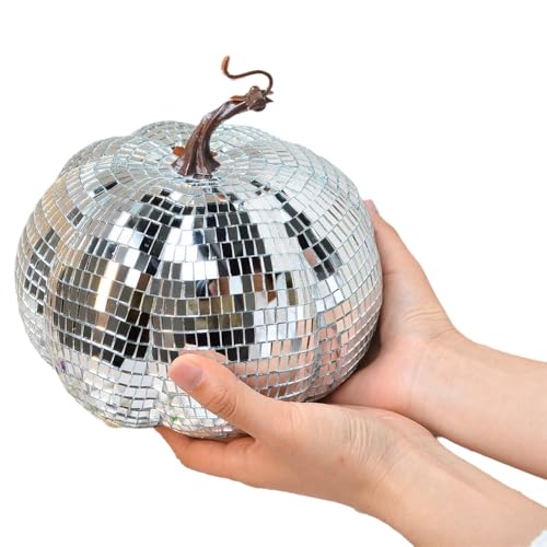 Sefdrert Silberne Verspiegelte Discokugel, Discokugel in Kürbisform, Geeignet für DJ-Clubpartys, Reflektierende Halloween-Kürbiskugel 20 cm von Sefdrert