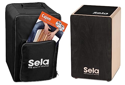 Sela SE 120 Primera Cajon Black Einsteiger Bundle mit Sela Snare System, aufgebaut, Rucksack, Sitzpad, Schule, CD, DVD von Sela