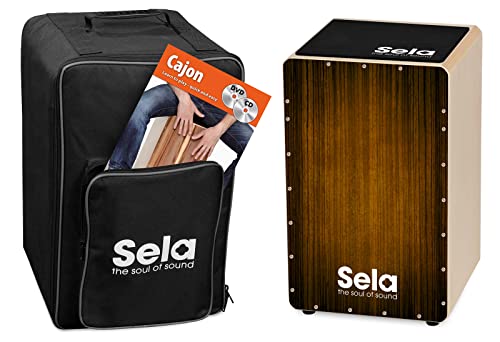 Sela SE 129 EN Varios Brown Cajon Bundle mit Rucksack, Sitzpad, englischer Anfängerschule, CD und DVD von Sela