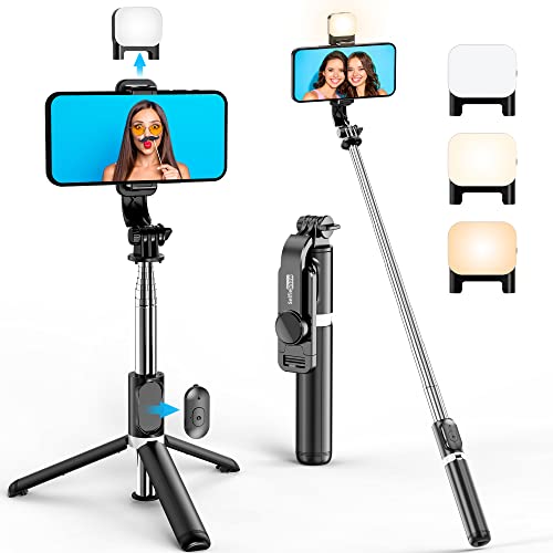 Selfie Stick Stativ mit Fülllicht, Erweiterbar 106CM SelfieStick mit Abnehmbarer Fernbedienung, 360 Drehbar Handy Stativ Kompatibel mit iPhone 14 Pro Max/14 Pro/14/13/12/11/8/7, Samsung Smartphone von SelfieShow