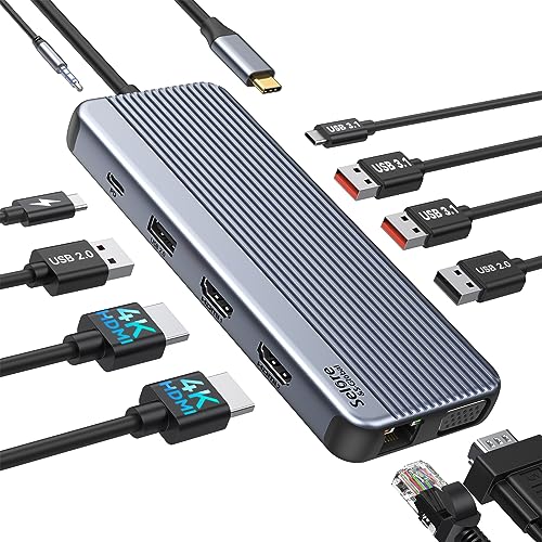 USB C Docking Station Triple Display, Selore 11 in 1 USB C Hub mit 2 * 4K@60Hz HDMI & 1080P VGA, USB C & 2 USB3.1 10Gbps, 2 USB 2.0, Gigabit Ethernet, 3.5mm Audio & Mic, 100W PD3.0 für Lenovo, Dell,HP von Selore&S-Global