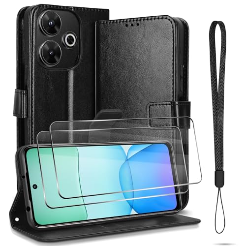 Seltureone Handyhülle Kompatibel für Xiaomi Redmi 13 + 2 Stück Panzer Schutz Glas, Premium PU Leder Hülle, Klappbar Flip Stoßfeste, Klapphülle mit Tasche Magnet Kartenfach Standfunktion - Schwarz von Seltureone