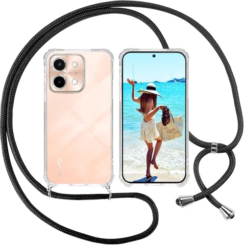 Handykette kompatibel mit VIVO Y28 4G Hülle,Handyhülle Transparent Silikon Schutzhülle - Necklace Hülle mit Band Handy-Kette Fallschutzhülle Schnur Kette zum Umhängen Case,Schwarz von Sewutoyu