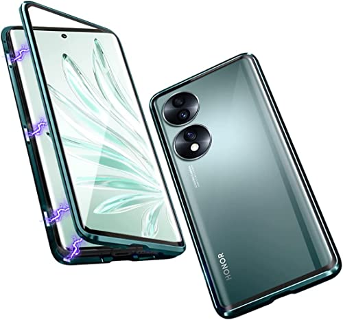 Hülle Kompatible für Honor 90, Magnetische Adsorption Handyhülle 360 Grad Schutzhülle Metallrahmen Transparent Gehärtetem Glas Displayschutzfolie Case - Integriert Kamera Schutzfolie,Grün von Sewutoyu