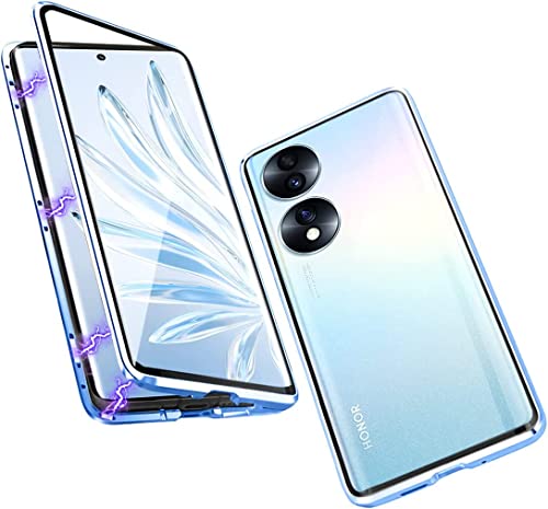 Hülle Kompatible für Honor 90 Lite, Magnetische Adsorption Handyhülle 360 Grad Schutzhülle Metallrahmen Transparent Gehärtetem Glas Displayschutzfolie Case - Integriert Kamera Schutzfolie,Blau von Sewutoyu