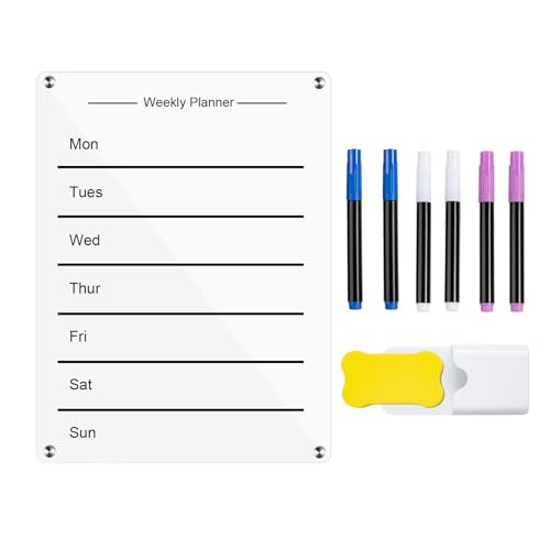 Sghtil Wöchentliche Board Trockener Lösche, wöchentlicher Planer Whiteboard,Acrylmagnet -Trockenerase für Kühlschrank - 15x11inch Kalenderplanung Set Magnetic Monthly Board für den Kühlschrank mit 6 von Sghtil