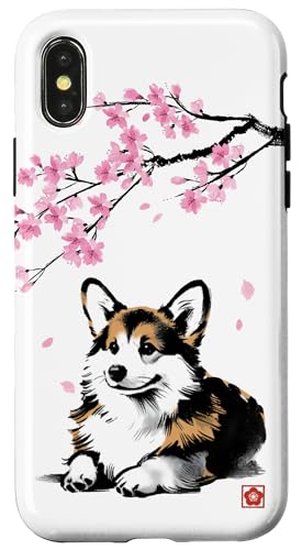 Japanese Corgi Art – Sumi-e Ink Sakura Blossom Corgi Hülle für iPhone X/XS von Shadoori Fashion - Sumi-e Ink Japanese Aesthetic