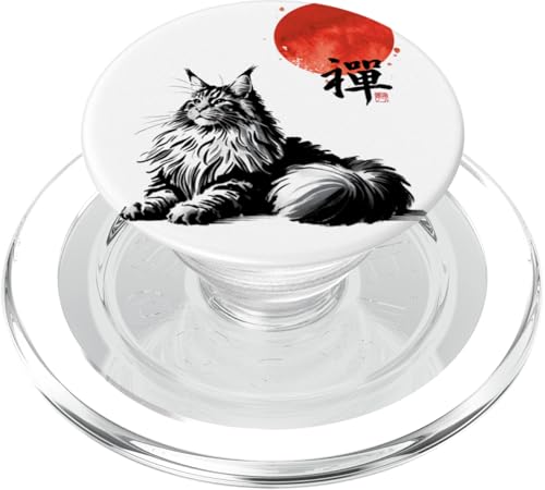 Japanische Sumi-e Maine Coon Katze – Zen Kanji Rising Sun PopSockets PopGrip für MagSafe von Shadoori Fashion - Sumi-e Ink Japanese Aesthetic