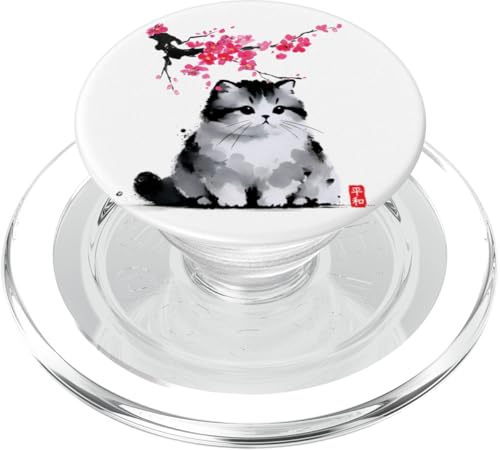 Japanische Sumi-e Munchkin Katze – Sakura Kirschblütenkunst PopSockets PopGrip für MagSafe von Shadoori Fashion - Sumi-e Ink Japanese Aesthetic