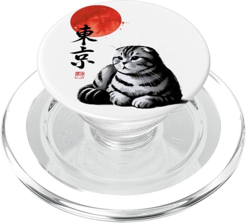 Japanische Sumi-e Scottish Fold Cat, Tokyo Kanji Rising Sun PopSockets PopGrip für MagSafe von Shadoori Fashion - Sumi-e Ink Japanese Aesthetic