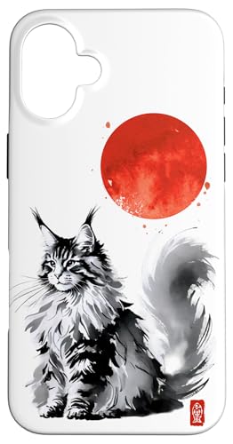 Sumi-e Style Maine Coon Katze mit aufsteigender roter Sonne Hülle für iPhone 16 Plus von Shadoori Fashion - Sumi-e Ink Japanese Aesthetic