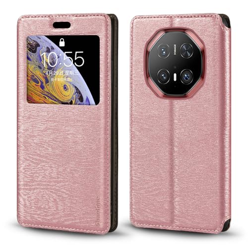 Shantime Kompatibel mit Huawei Mate 70 RS Ultimate Hülle, Holzmaserung Leder Hülle mit Kartenhalter und Fenster, Magnetische Flip Cover für Huawei Mate 70 RS Ultimate (6,9 Zoll) Roségold von Shantime