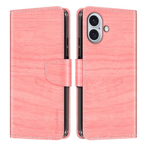 Shantime Schutzhülle aus Leder mit Holzmaserung, Brieftaschenformat, kompatibel mit iPhone 16 Plus, Kartenhalter, Ständer und weiche TPU-Innenhülle für iPhone 16 Plus, Rosa von Shantime