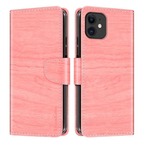 Shantime Schutzhülle aus Leder mit Holzmaserung, kompatibel mit iPhone 12 6,1 Zoll, Kartenhalter, Ständer und weiche TPU-Innenhülle für iPhone 12 6,1 (6,1 Zoll), Rosa von Shantime