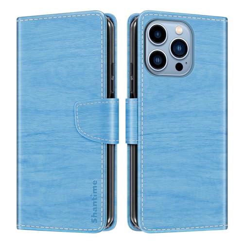 Shantime Schutzhülle für iPhone 14 Pro (15,5 cm / 6,1 Zoll), Holzmaserung, Leder, Brieftaschenformat, Kartenhalter, Ständer, weiche TPU-Innenhülle, Himmelblau von Shantime