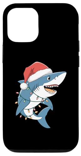 Hülle für iPhone 12/12 Pro Weihnachtsmütze Hai umwickelt in Weihnachtsbeleuchtung von Shark in Santa Hat with Christmas Lights