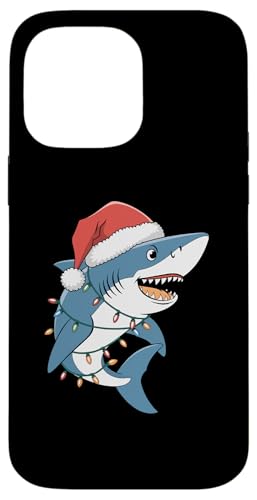 Hülle für iPhone 14 Pro Max Weihnachtsmütze Hai umwickelt in Weihnachtsbeleuchtung von Shark in Santa Hat with Christmas Lights