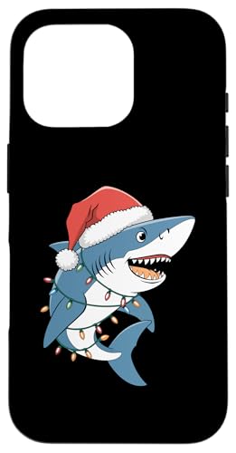 Hülle für iPhone 16 Pro Weihnachtsmütze Hai umwickelt in Weihnachtsbeleuchtung von Shark in Santa Hat with Christmas Lights