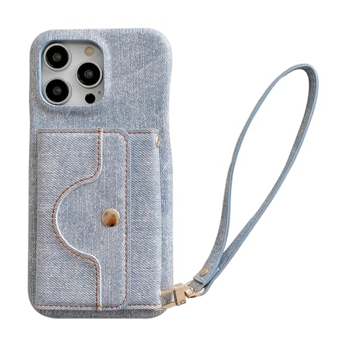 SharkProten Geldbörse Hülle Case für Samsung Galaxy A13 4G, Denim Texture Leder Kartenhalter Stoßfeste Schutzhülle mit Handschlaufe und Ständer Magnetverschluss Wallet Handyhülle Hellblau von SharkProten