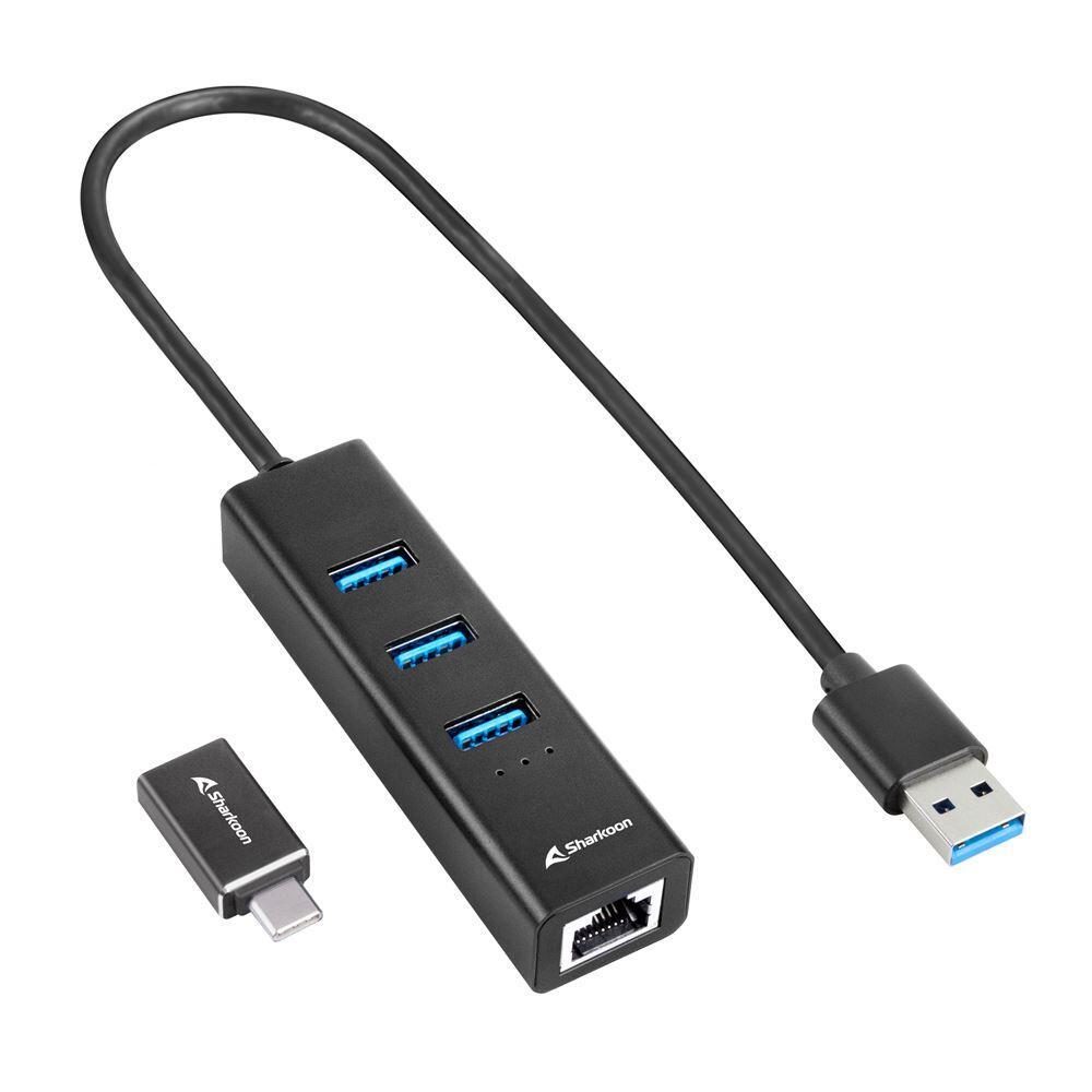 Sharkoon 3-Port USB Hub + RJ45 Ethernet Adapter von Sharkoon