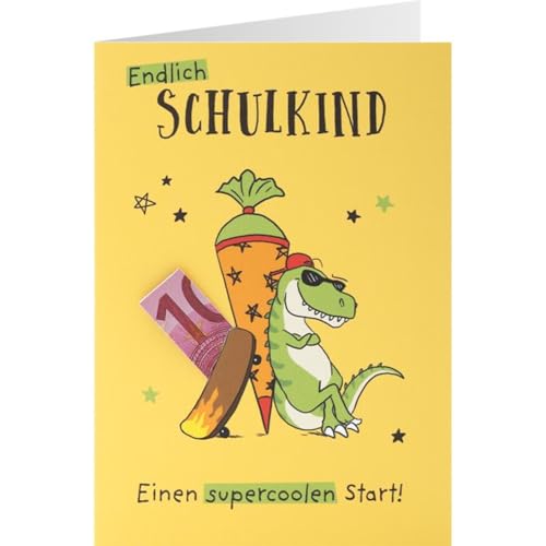 Sheepworld - 48872 - Klappkarte zum Schulanfang, mit grünem Umschlag, Dinosaurier, Geldgeschenk, Endlich Schulkind, 14,5cm x 10cm von Sheepworld AG