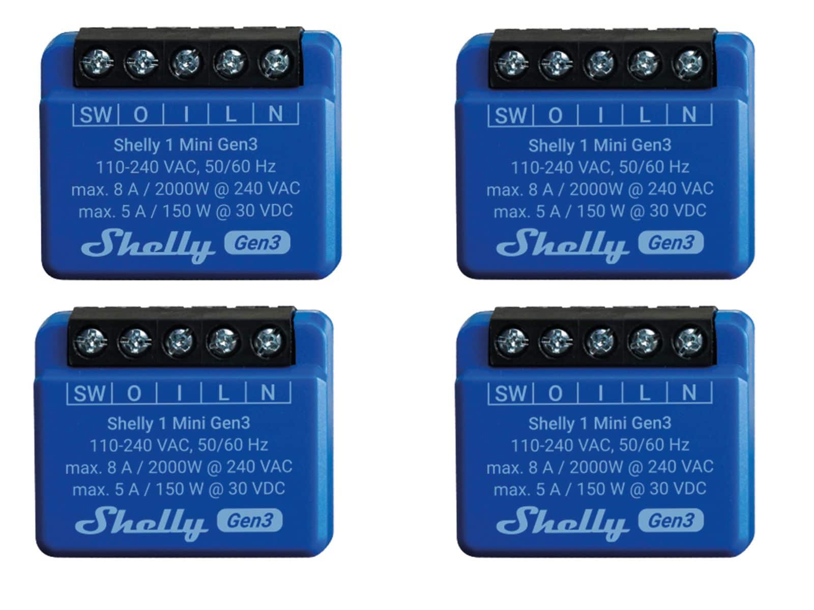 SHELLY WLAN-Schaltaktor 1 Mini Gen 3, blau, 4 Stück von Shelly