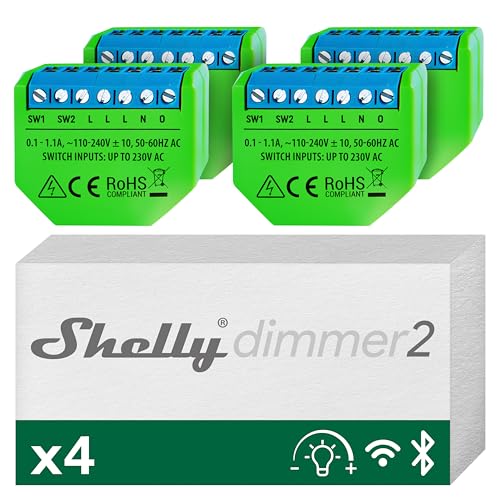 Shelly Dimmer 2, Intelligenter Wlan Dimmer, Kein Neutralleiter nötig, Hausautomatisierung, Kompatibel mit Alexa & Google Home, iOS Android App, Kein Hub erforderlich, Dimmbare Lichter (4 Stück) von Shelly