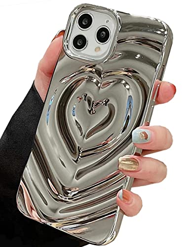 Shinymore iPhone 15 Pro Max Love Heart Case, Fashion Cute Soft Silicone Electroplate Silver 3D Heart Water Ripple Bling Glitter Shockproof Women Girls Case Cover for iPhone 15 Pro Max, IP14F von Shinymore