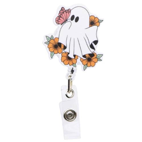 Halloween-Abzeichenspule, niedliche Abzeichenspule, einziehbar, weißer Geist-Blumen-Abzeichen-Clip, Namensdrehkarte mit Etiketten-Clip, Acc Badge von Shinyruo